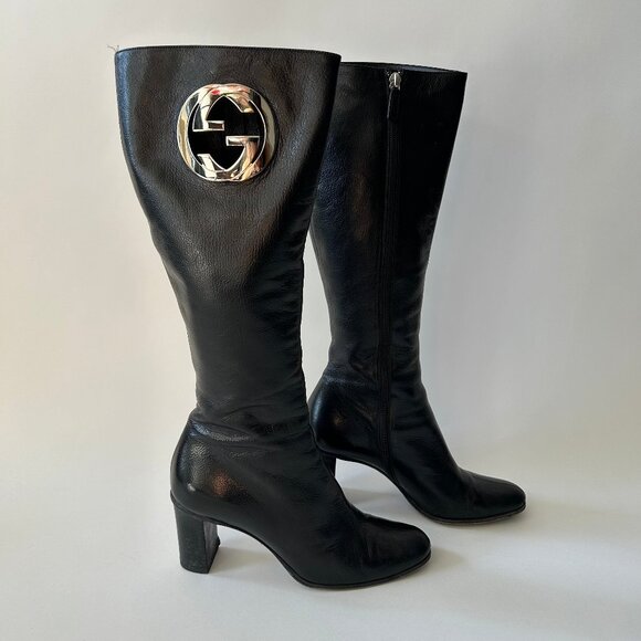 GUCCI BY TOM FORD GG INTERLOCKING BLACK LEATHER BOOTS - Picture 1 of 10